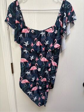 Navy & Pink Flamingo Ruffle One-Piece Swimsuit